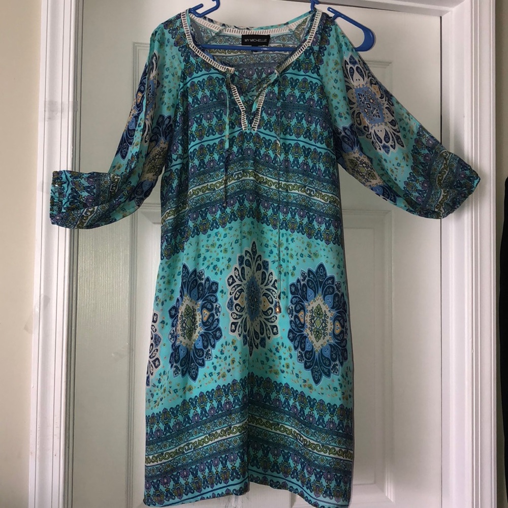 Blue open shoulder mid sleeve swing dress